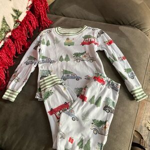 Pottery Barn Kids Pajama Set with Red and Green Festive Print Xmas Cars 4